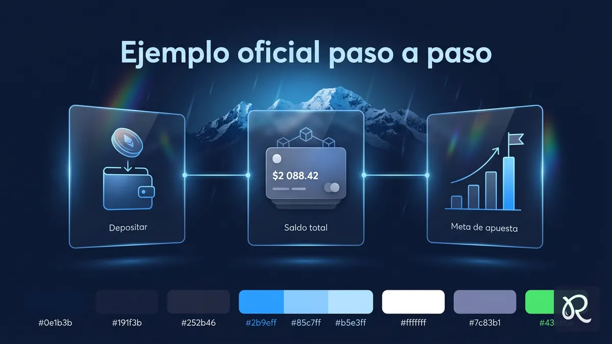 Secuencia paso a paso del ejemplo oficial del bono de Rainbet: depósito, saldo y meta de apuesta