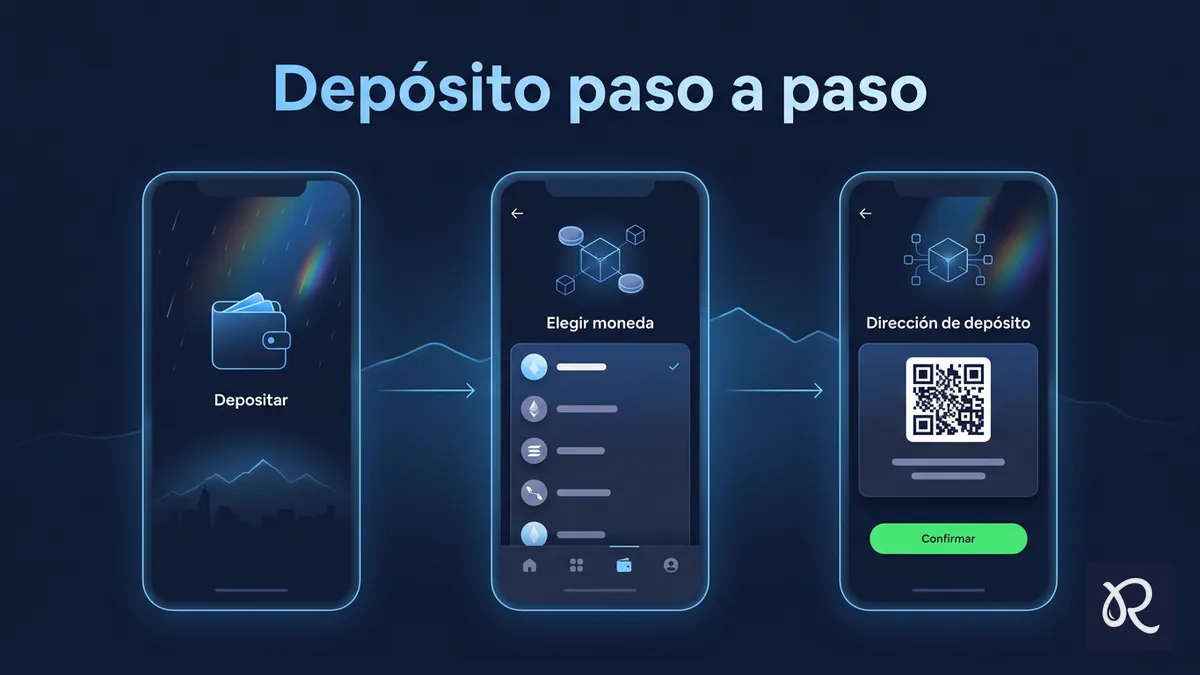 Secuencia de pantallas mostrando el proceso de depósito con criptomonedas en Rainbet Chile