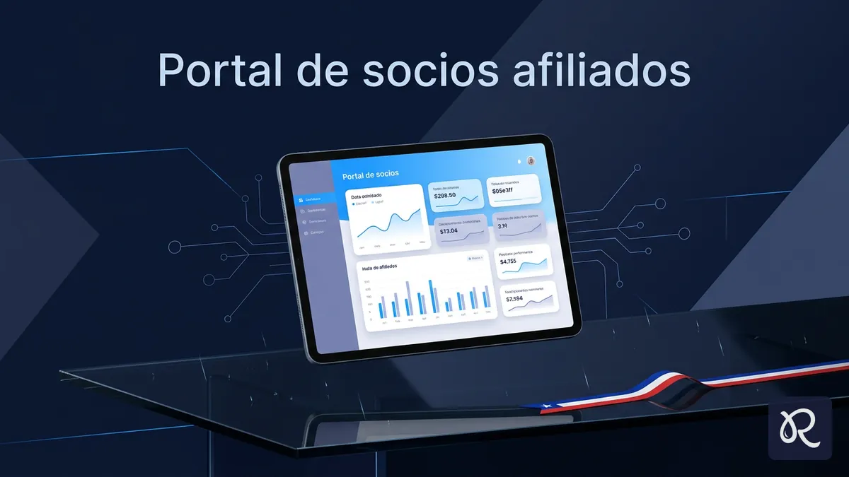 Pantalla de un portal de socios con gráficos abstractos que representa la gestión del programa de afiliados de Rainbet en Chile