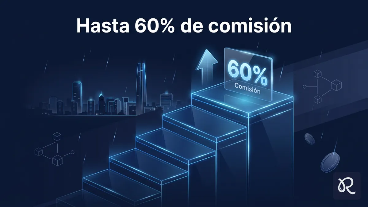 Escalera de comisiones crecientes que ilustra el reparto de ingresos de hasta 60% del programa de afiliados de Rainbet